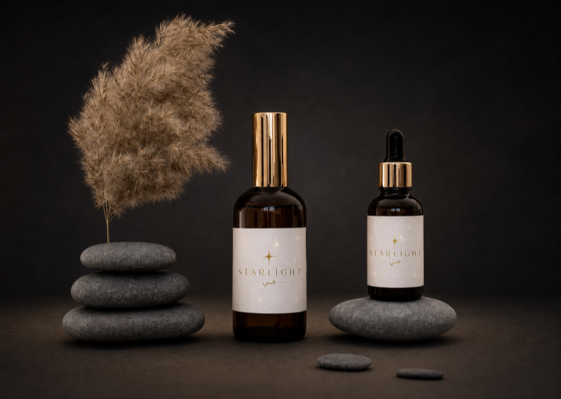 Amber glass Starlight Mai treatment bottles with pampas grass and smooth river stones on a dark, calm surface